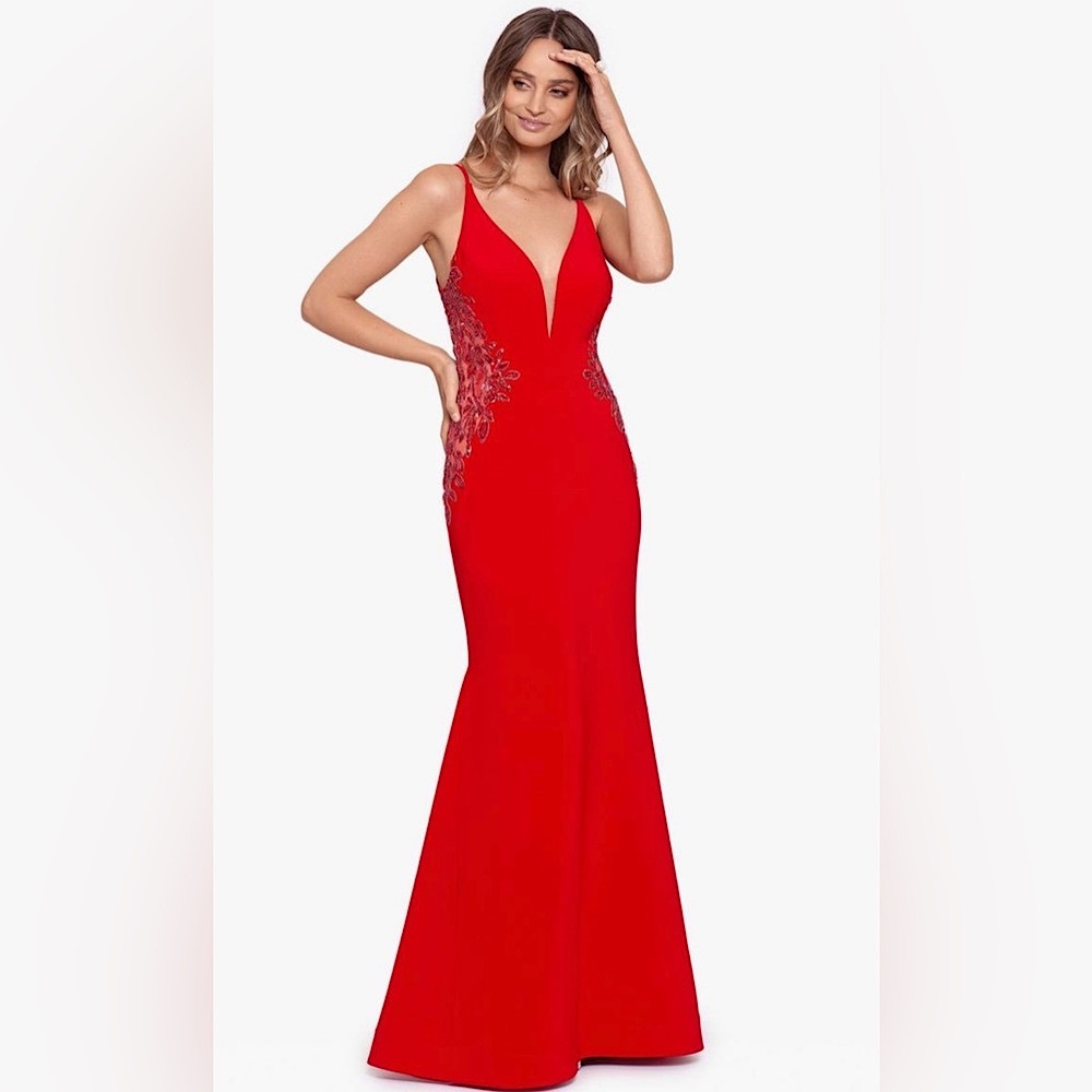 XSCAPE - Jersey Gown Beaded Sides Side Slit